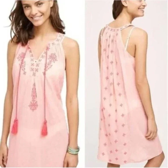 Anthropologie Mermaid Sheer Cover Up Peach Embroidered Tank Dress - Picture 1 of 4